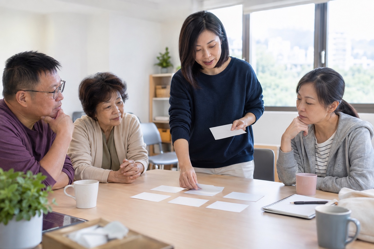 Nursing staff demonstrating care notes and communication methods to an adult family caregiver in a Hong Kong home