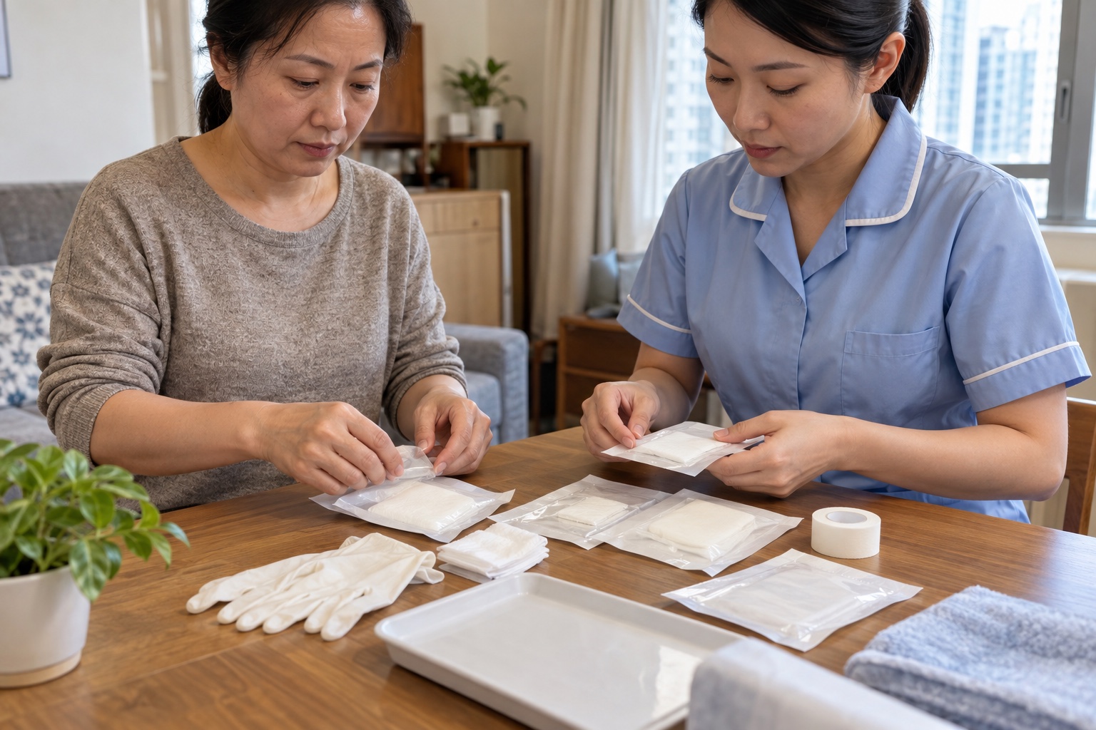 Nursing staff preparing wound-care supplies on a clean table in Hong Kong